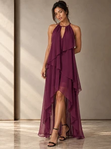 ELLERISSA Gaun Maxi Chiffon Berlapis Model High Low dengan Leher Halter Warna Plum - Bold Plum - View 6