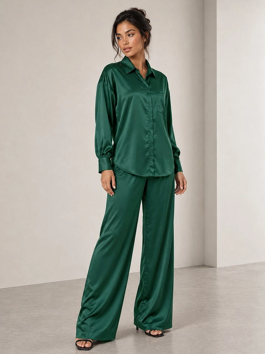ELLERISSA Dark Green Collared Long Sleeve Satin Shirt & Wide Leg Pants Co-Ord Set - Dark Green - View 1