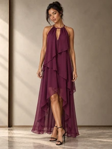 ELLERISSA Gaun Maxi Chiffon Berlapis Model High Low dengan Leher Halter Warna Plum - Bold Plum - View 5