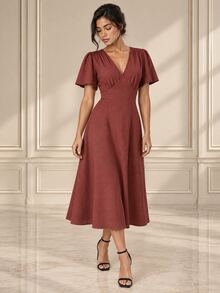 ELLERISSA Gaun Midi Burgundy Leher V Lengan Malaikat Pinggang Berkerut - Burgundy - View 3