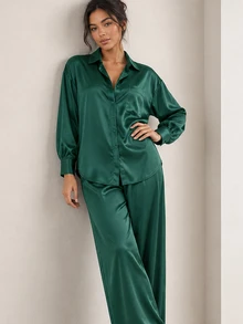 ELLERISSA Dark Green Collared Long Sleeve Satin Shirt & Wide Leg Pants Co-Ord Set - Dark Green - View 5