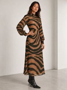 ELLERISSA Brown Zebra Print High Neck Long Sleeve Midi Dress - Brown - View 4