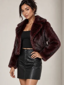 ELLERISSA Burgundy Notched Collar Long Sleeve Cropped Faux Fur Coat - Burgundy - View 4