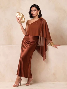 QUIZ Satin One Shoulder Chiffon Cape Maxi Dress - Rust Brown - View 7