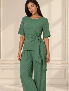 ELLERISSA Green Round Neck Half Sleeve Tie Waist Wide Leg Pants Co-Ord Set - Green - View 5