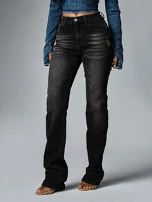 BABYPHAT Bootcut Denim Jeans With Gold Script Embroidery On Waistband, High Rise Flare Leg, Vintage Inspired Y2K Style - Black - View 3