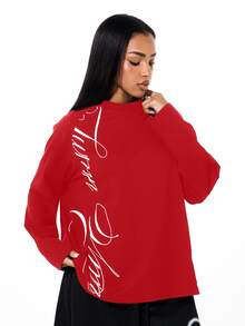 SUMWON WOMEN Oversized Long Sleeve Sweatshirt With Vertical Cursive Script Print Mock Neck Relaxed Fit Drop Shoulder Top Fall Winter - Red - View 4
