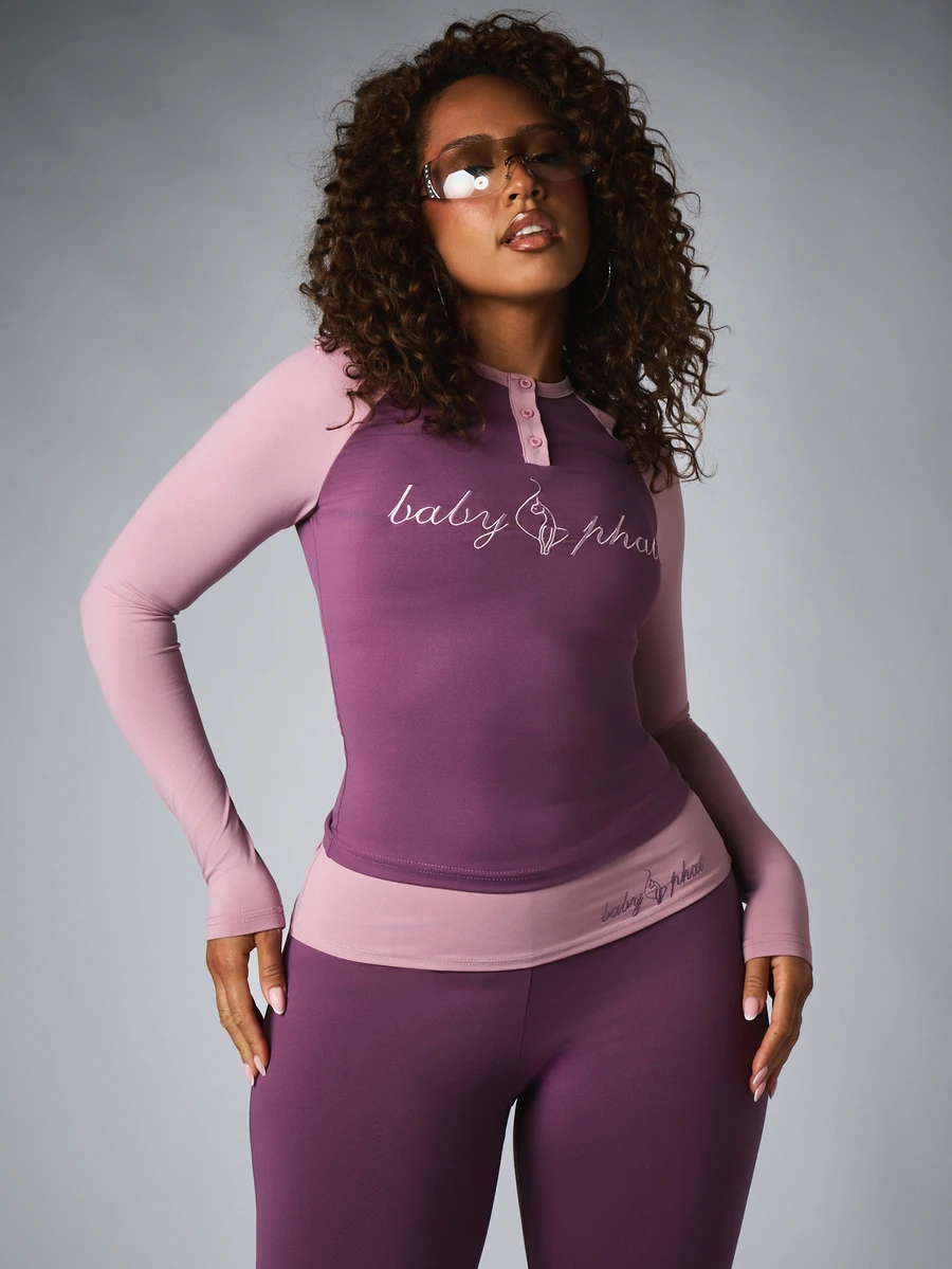 BABYPHAT Color Block Long Sleeve Henley Top With Chest Logo Script Print And Contrast Raglan Sleeves Fall Winter Essential - Purple - View 1