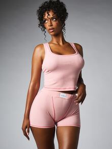 BABYPHAT Ribbed High Rise Mid Thigh Shorts With Contrast Stitching Detail And Logo Patch Waistband - Baby Pink - View 2