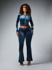 BABYPHAT Velvet Flared Tracksuit Pants With Side Stripe Contrast Detail And Logo Embroidery Low Rise Drawstring Waist Flare Leg - Dusty Blue - View 2