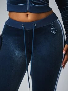 BABYPHAT Velvet Flared Tracksuit Pants With Side Stripe Contrast Detail And Logo Embroidery Low Rise Drawstring Waist Flare Leg - Dusty Blue - View 4