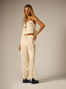 AiiRZ Polka Dot Satin Cami And Wide Leg Trouser Co-Ord Set With Navy Lace Trim Sweetheart Neckline Ruffle Detail - Beige - View 5