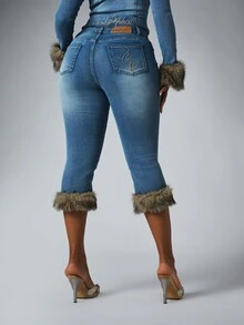 BABYPHAT Faux Fur Trim Cropped Skinny Denim Jeans Mid Rise Capri Pants With Fur Cuffs Y2K Vintage Inspired Fall Winter Style - Light Wash - View 5