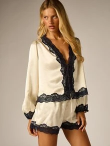 AiiRZ Satin Lace Trim Co-Ord Set Plunge V-Neck Puff Sleeve Blouse And Mini Shorts Two-Piece Loungewear Set - Black and White - View 1
