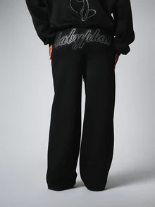BABYPHAT بنطال كاجوال واسع الساق مع شعار مرصع بالراينستون على الخصر وتفاصيل شعار القطة، طول كامل وقصة مريحة - الأسود - مشاهدة 3