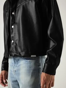SUMWON Faux Leather Snap Button Oversized Cropped Jacket With Spread Collar And Drop Shoulder For Fall Winter Layering - Black - View 7