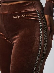 BABYPHAT Velvet Flared Pants With Leopard Print Side Stripe And Embroidered Logo Detail Fall Winter - Chocolate Brown - View 5