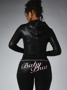 BABYPHAT Crocodile Embossed Skin Tight Leggings With Pink Script Logo Print And Rhinestone Waistband Detail - Black - View 2