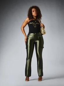 BABYPHAT Satin Finish Cargo Flare Pants With Gold Logo Print And Zipper Pockets Bootcut Full Length - Army Green - View 2