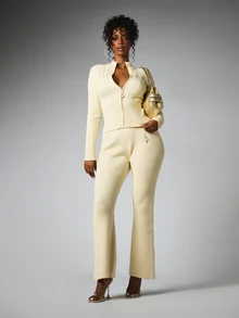 BABYPHAT Ribbed Knit High Rise Flared Pants With Embroidered Logo Script Back Print Side Split Hem Full Length Fall Winter - White - View 4