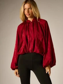 AiiRZ Satin Jacquard Floral Oversized Bomber Jacket With Stand Collar Full Zip Closure And Balloon Sleeves Fall Winter Holiday Party - Burgundy - View 1