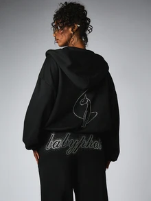 BABYPHAT Full-Zip Oversized Sweatshirt With Rhinestone Logo Script Detail And Cat Graphic Back Print - Black - View 2
