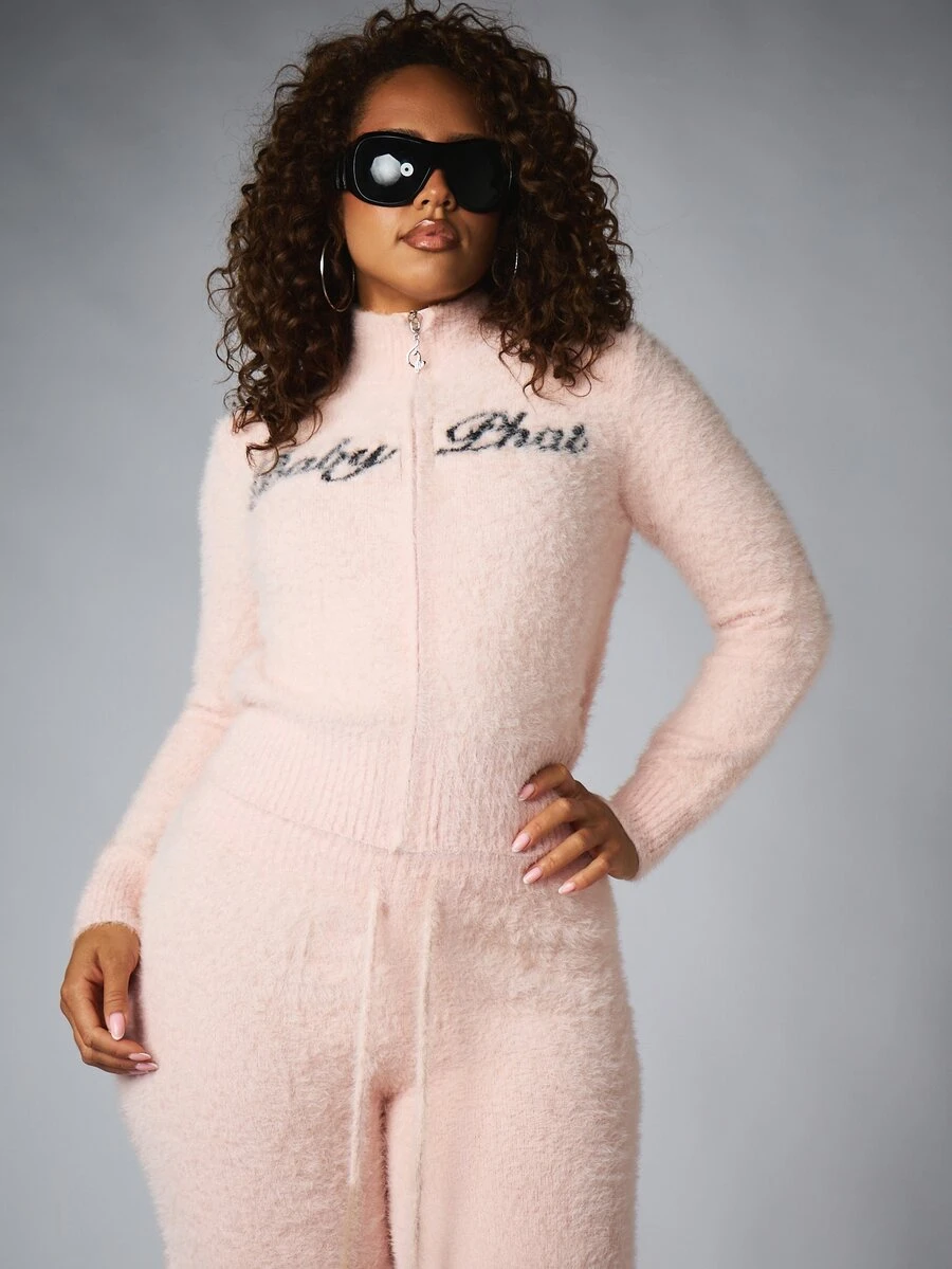 BABYPHAT Fluffy Eyelash Knit Zip-Up Cropped Jacket With Script Logo Chest Print Stand Collar Fall Winter Cozy Loungewear - Baby Pink - View 1