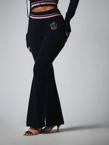 BABYPHAT Ribbed Knit High Rise Flare Pants With Pink Stripe Waistband And Sheild Logo Embroidery Full Length Bell Flare Leg - Navy Blue - View 1