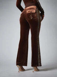 BABYPHAT Velvet Flared Pants With Leopard Print Side Stripe And Embroidered Logo Detail Fall Winter - Chocolate Brown - View 1