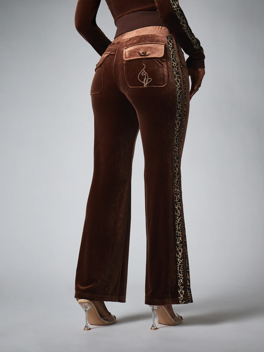 BABYPHAT Velvet Flared Pants With Leopard Print Side Stripe And Embroidered Logo Detail Fall Winter - Chocolate Brown - View 1