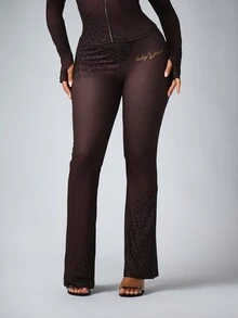 BABYPHAT Gold Script Logo Flared Leggings With Leopard Print Waistband Mid Rise Full Length Holiday Party Pants - Brown - View 5