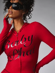 BABYPHAT Script Logo Zip-Up Cropped Hoodie With Extra Long Sleeves And Contrast Stitching Detail - Red - View 5