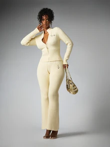 BABYPHAT Ribbed Knit High Rise Flared Pants With Embroidered Logo Script Back Print Side Split Hem Full Length Fall Winter - White - View 2