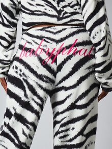 BABYPHAT Zebra Print Wide Leg Casual Pants With Logo Script Back Print Drawstring Waist Cozy Fleece Style Fall Winter - Black and White - View 1