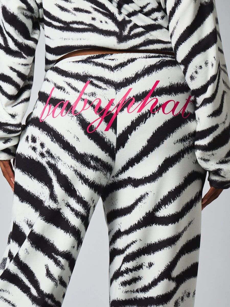 BABYPHAT Zebra Print Wide Leg Casual Pants With Logo Script Back Print Drawstring Waist Cozy Fleece Style Fall Winter - Black and White - View 1