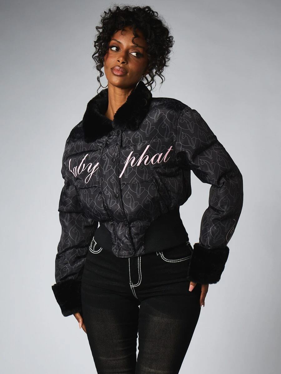 BABYPHAT Cropped Puffer Jacket With Faux Fur Collar And Cuffs Allover Cat Print Pink Script Logo Winter Outerwear - Black - View 1