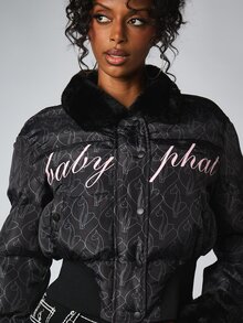 BABYPHAT Cropped Puffer Jacket With Faux Fur Collar And Cuffs Allover Cat Print Pink Script Logo Winter Outerwear - Black - View 4