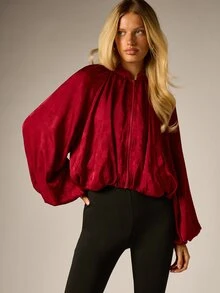 AiiRZ Satin Jacquard Floral Oversized Bomber Jacket With Stand Collar Full Zip Closure And Balloon Sleeves Fall Winter Holiday Party - Burgundy - View 4