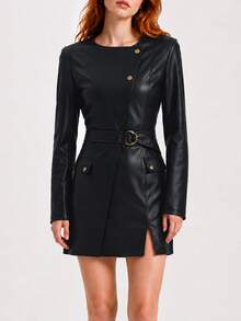 Zerodot Women Black Faux Leather Asymmetric Button Front With Belted Waist Wrap Mini Dress Vacation Party Fall Winter - Black - View 3