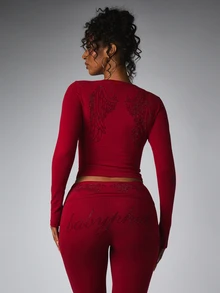 BABYPHAT Rhinestone Angel Wings Crop Top With Script Detail Long Sleeve Notch Neckline Fitted Stretch Party Night Out Holiday Top - Burgundy - View 2