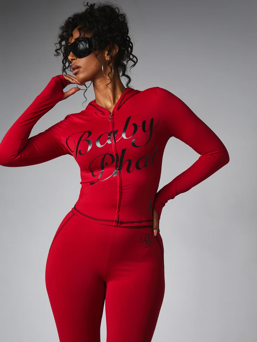 BABYPHAT Script Logo Zip-Up Cropped Hoodie With Extra Long Sleeves And Contrast Stitching Detail - Red - View 1
