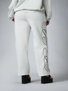 BABYPHAT بنطال رياضي بخطوط مائلة واسع الساق مع جيوب جانبية وخصر مطاطي بنطال كاجوال للاسترخاء ملابس الشارع للخريف والشتاء - رمادي - مشاهدة 2