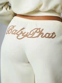 BABYPHAT بنطال كاجوال واسع الساق مع شعار مطرز وحزام خصر برباط سحب من الصوف الناعم بطول كامل بأسلوب مريح للخريف والشتاء - بيج - مشاهدة 5