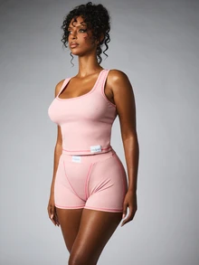 BABYPHAT Ribbed High Rise Mid Thigh Shorts With Contrast Stitching Detail And Logo Patch Waistband - Baby Pink - View 5