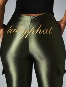 BABYPHAT Satin Finish Cargo Flare Pants With Gold Logo Print And Zipper Pockets Bootcut Full Length - Army Green - View 5
