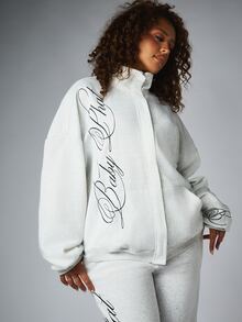 BABYPHAT Oversized Full-Zip Script Logo Sweatshirt With Side Pockets High Neck Long Sleeve Casual Fleece Jacket Fall Winter - Grey - View 1