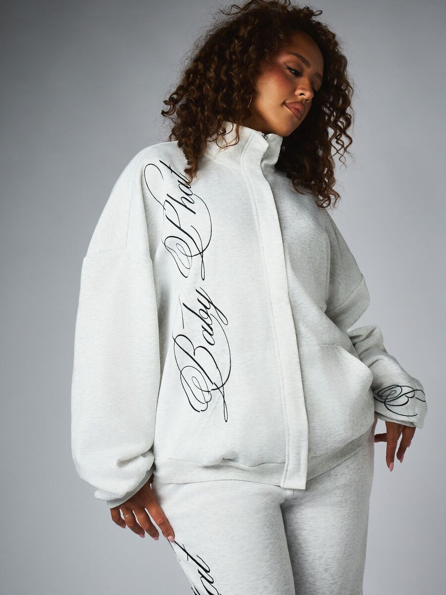 BABYPHAT Oversized Full-Zip Script Logo Sweatshirt With Side Pockets High Neck Long Sleeve Casual Fleece Jacket Fall Winter - Grey - View 1