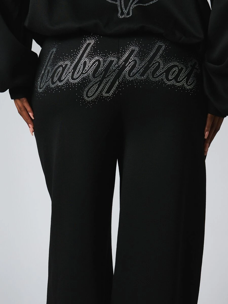 BABYPHAT بنطال كاجوال واسع الساق مع شعار مرصع بالراينستون على الخصر وتفاصيل شعار القطة، طول كامل وقصة مريحة - الأسود - مشاهدة 1