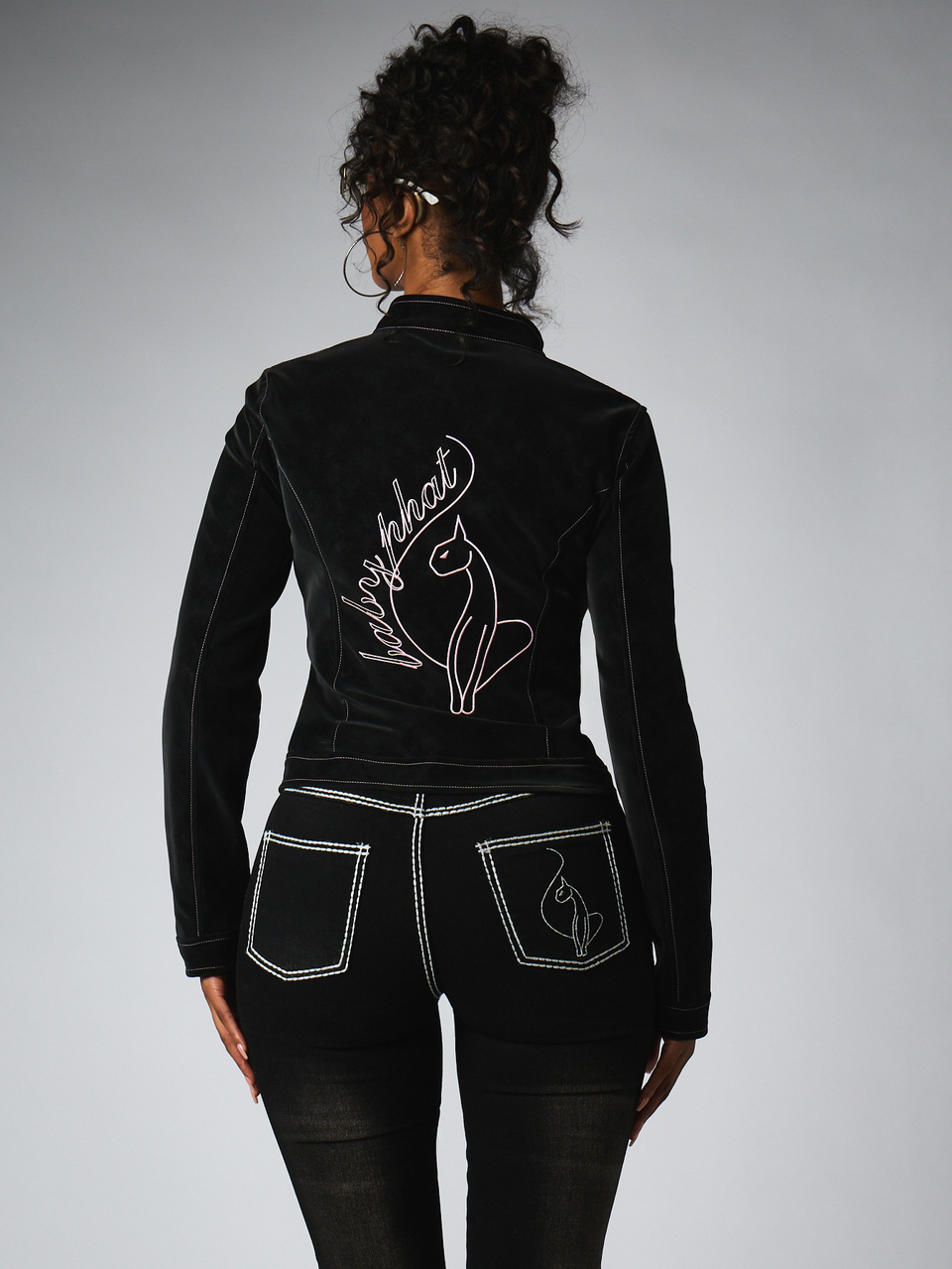 BABYPHAT Women's Exquisite Embroidered Zipper Long Sleeve Waist-Cinching Jacket