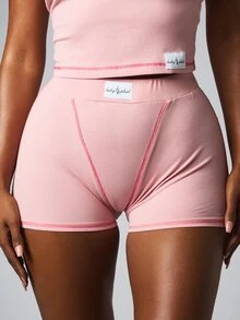 BABYPHAT Ribbed High Rise Mid Thigh Shorts With Contrast Stitching Detail And Logo Patch Waistband - Baby Pink - View 4